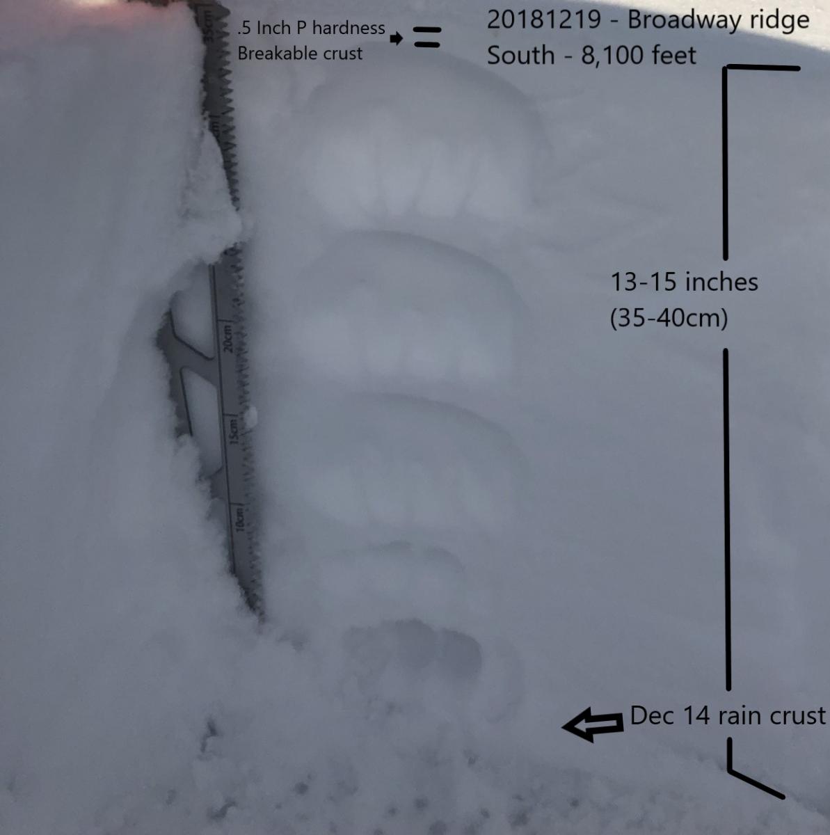 Broadway ridge south aspect 8100'. P hardness crust over F harness snow
