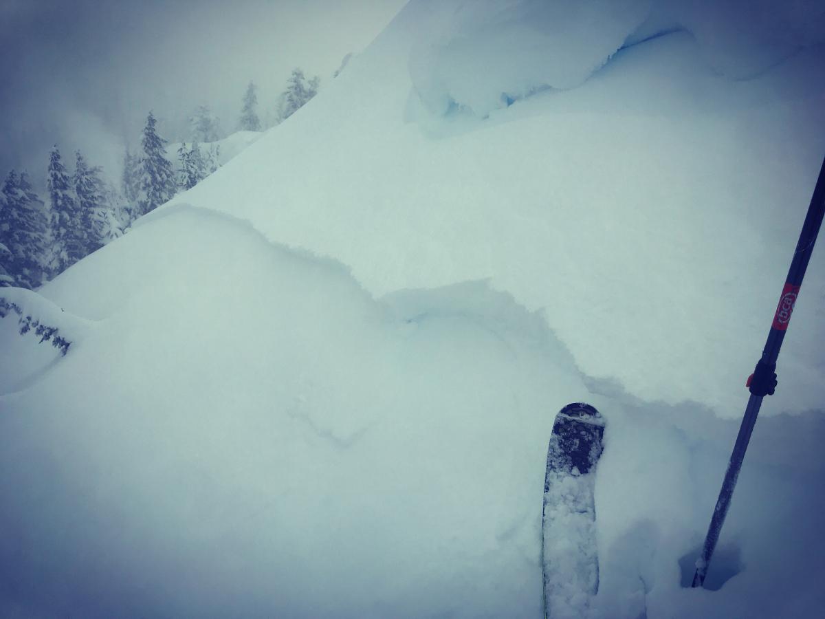 Storm slab on an east facing slope, near/above treeline on Gray Butte, triggered by a cornice drop. This slide was big enough to bury, inure or kill a person.