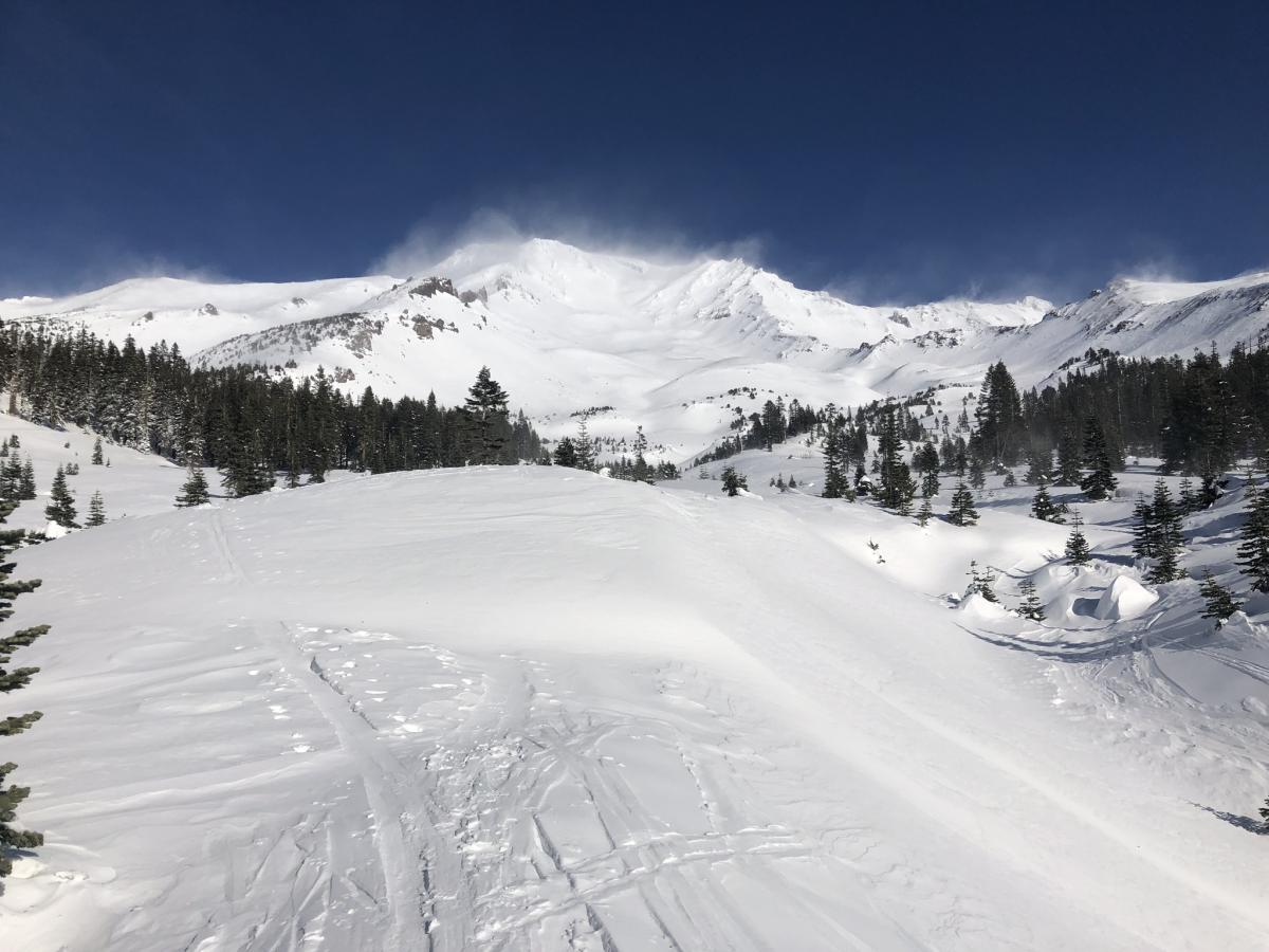 View of Avalanche Gulch: note plumes of blowing snow