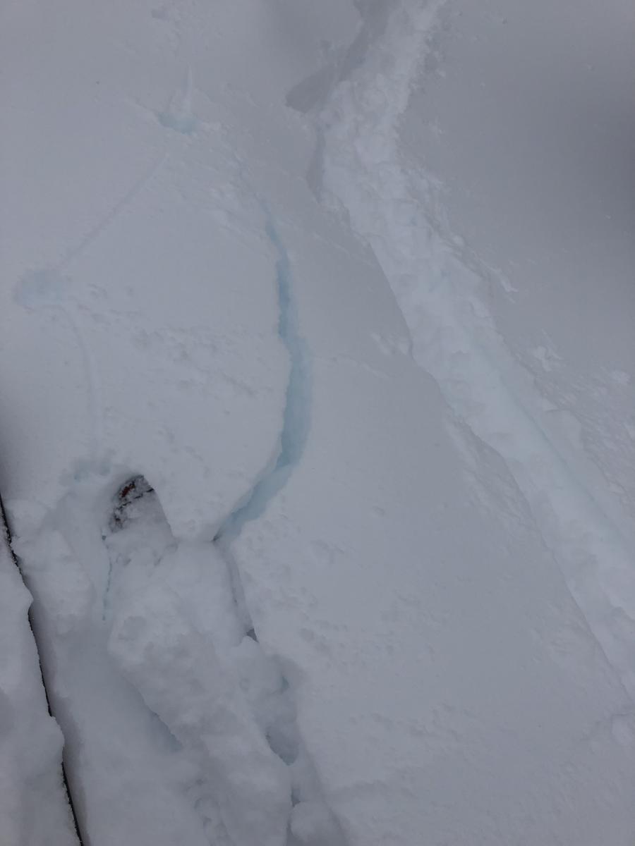 20190204 Gray Butte cracking on wind drift near treeline 7,600 feet west aspect. 