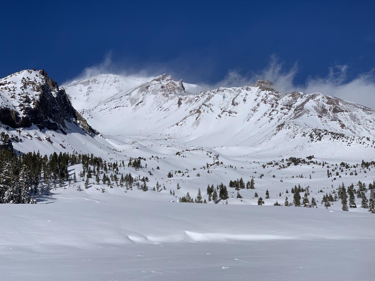 The Old Ski Bowl from treeline today. Northwesterly wind up high. Calm to light and swirling wind down lower. The Old Ski Bowl from treeline today. Northwesterly wind up high. Calm to light and swirling wind down lower.