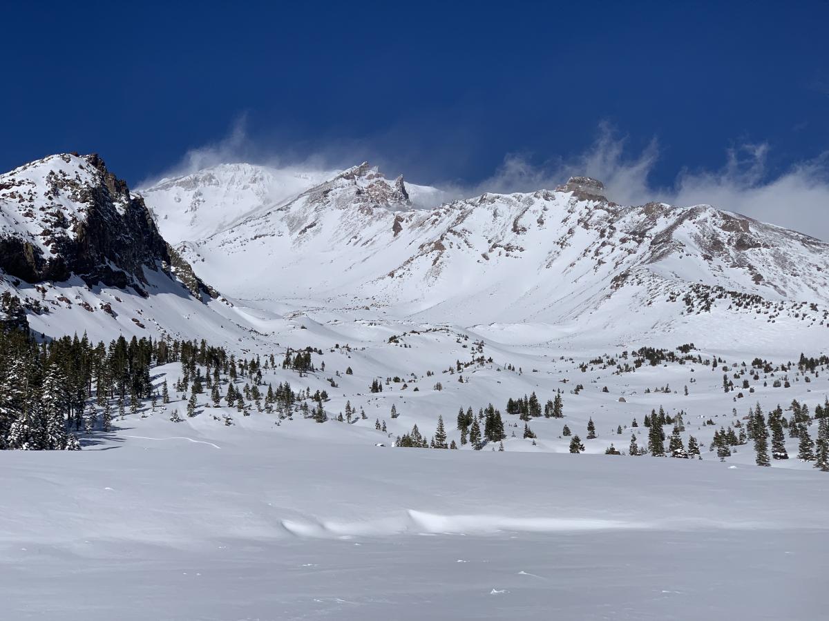 The Old Ski Bowl from treeline today. Northwesterly wind up high. Calm to light and swirling wind down lower.