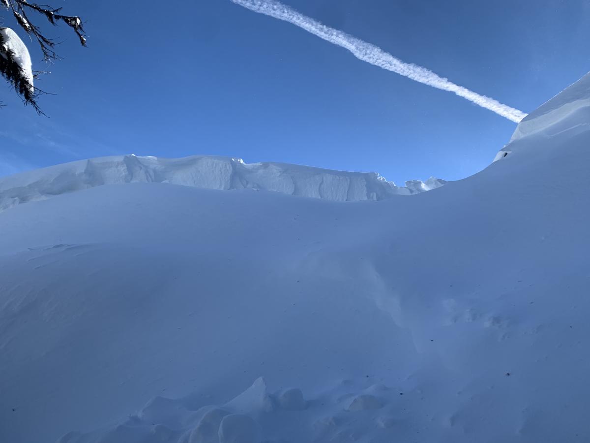 Crown of human triggered wind slab avalanche near Etna Summit. The avalanche crown was approximately 70 feet wide and ran 200 feet down slope.  HS-ASu-R2-D2