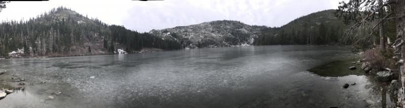 Castle Lake on 12/15/17, no snow, thin ice, watery edges