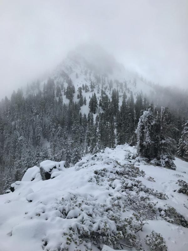 Ash Creek Butte in the mist on 7.11.18. View looking southwest from adjacent peak, heading up to weather station location.