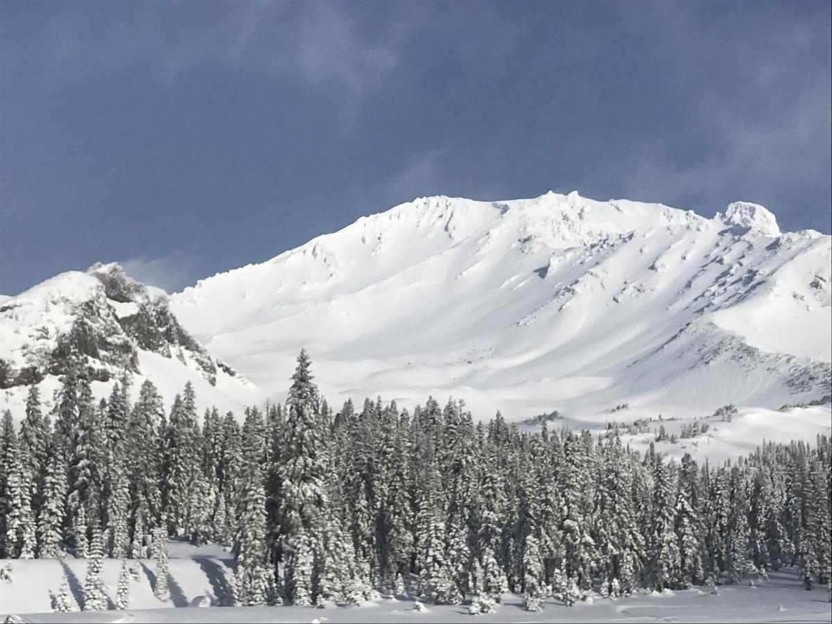 A wide open view of the south/southeast side of Mount Shasta during a brief clearing on 12.17.18