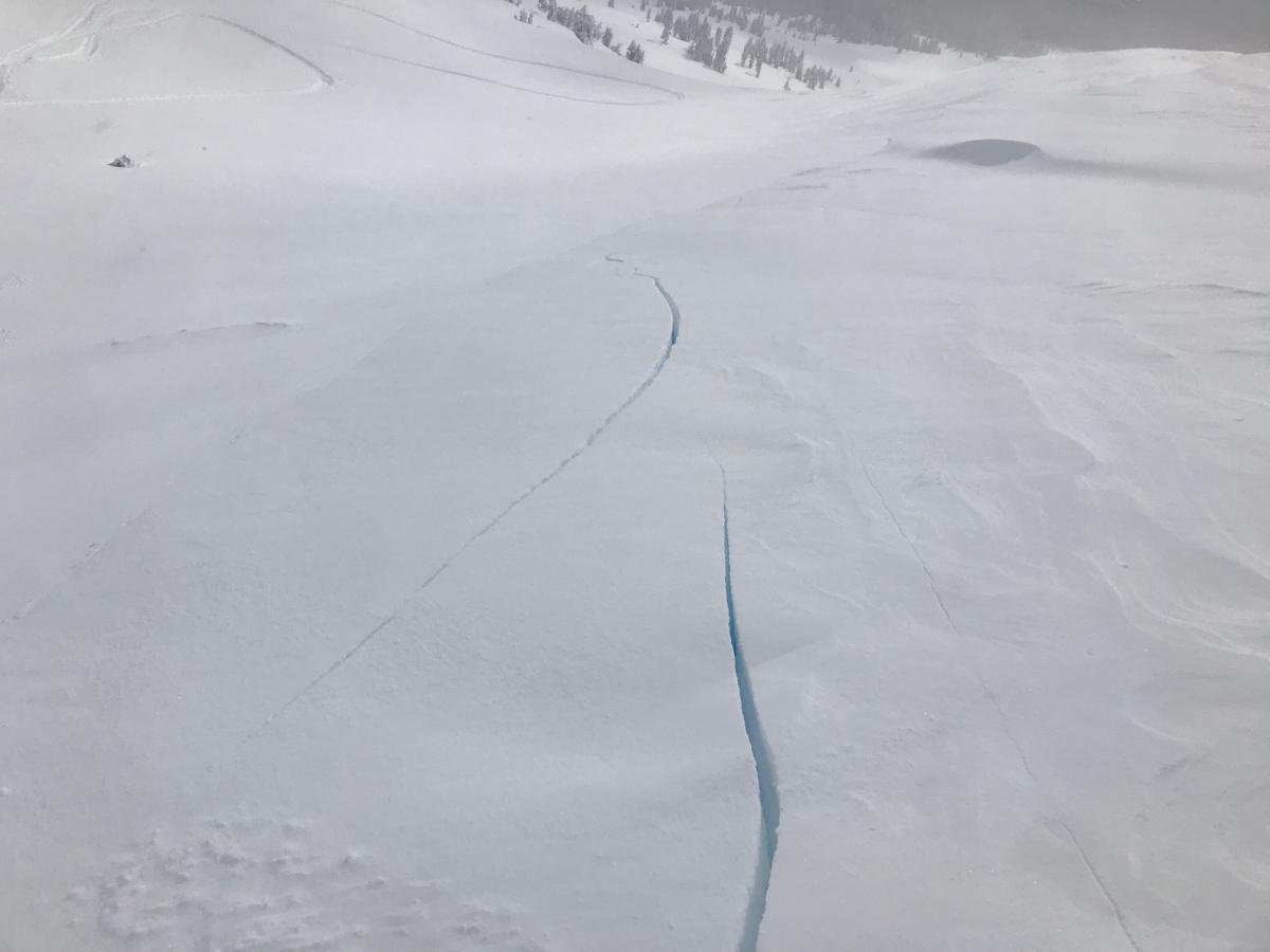 Easily triggered shooting cracks along a small test slope above treeline on Mt Shasta, east facing, 8200 feet Easily triggered shooting cracks along a small test slope above treeline on Mt Shasta, east facing, 8200 feet