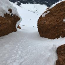 The Redbanks Chutes. This is the best way to get up through and back down Redbanks currently