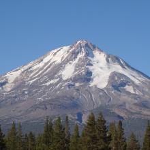 Mount Shasta east side photographed from meadow on Forest Road 19.