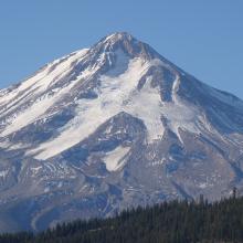 Mount Shasta northeast side photographed from near southern end of paved section of Deer Mountain Road.