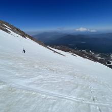 Transitioned to boots and crampons and exiting the Wintun snowfield 12,500 feet 