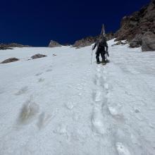 The bottom of the chute on the Wintun and beginning of the couple thousand vertical ascent on a 35 ~ 40 degree slope with consistent overhead hazard