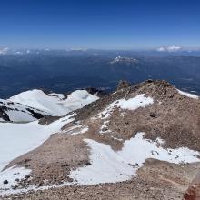 Looking down onto the north summit, the summit platue, and the Witney glacier 