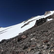 The exposed section crossing over to the Wintun before heading up the chute. This crossing has VERY loose rock and is not easy walking. Slow is fast