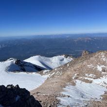 Snow conditions on the Summit Plateau with the Whitney Glacier in the background.