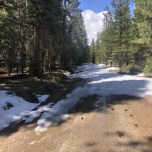 Looking uphill, 2.2 miles from the Pilgrim Creek road intersection for Clear Creek as of 4.13.21. Turned around here. Soft snow, poor traction even for 4x4