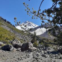 Hiking to camp with a view of the upper mountain