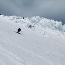 Skiing near the middle icefall on the Hotlum Glacier. 