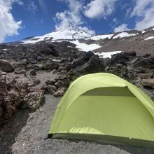 Our camp at 10,100 feet on the lateral moraine on the Hotlum/Bolam Ridge. We found running water here. 