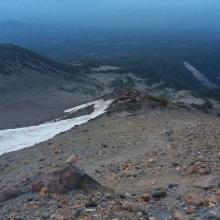 Looking down on 9800' camp and snow field to melt water.