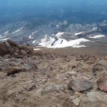 Looking down through the rocky, loose chutes in the headwall.