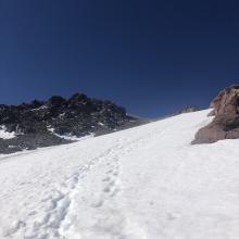 Looking up the ramp at the high traverse at 12,400 feet. 