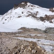 View from near the summit. Not much snow left on the summit pinnacle switchbacks. 