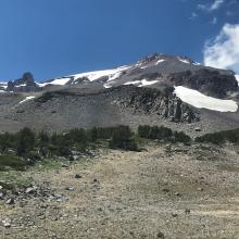 A look at the upper mountain from near treeline along the CC trail