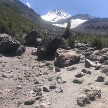 Hiking to camp with a view of the upper mountain