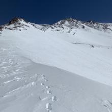 Looking up Green Butte ridge from 10k, ~6 inches of boot penetration mid morning