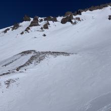 Helen Lake, 10,400 feet, bare ground showing and dry camping available already.