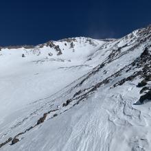 Upper Avalanche Gulch from Green Butte ridge, despite what looks like good coverage, rocks lurk below a shallow, wind blown snowpack