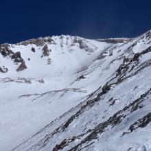 Upper Avalanche Gulch from Green Butte ridge, despite what looks like good coverage, rocks lurk below a shallow, wind blown snowpack