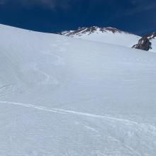 Fun skiing in warm snow in Cascade Gulch at 3:30pm on April 26. 