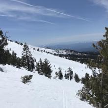 Snow travel is consistent from Bunny Flat to Hidden Valley. Looking back across Andaconda gulch 