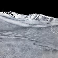 Looking up at Avalanche Gulch from 50/50