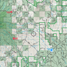Blue dot represents high point in vehicle for the Brewer Creek TH - 16.5 miles to TH from Highway 89 approach