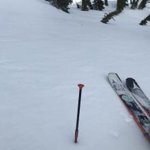 over 270 cm of snow near treeline below previous wind-loaded ridge