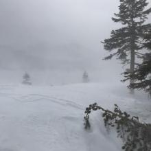 blowing snow over scoured southeast ridge 