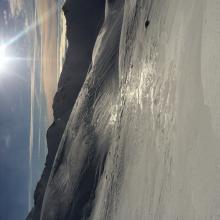 Avalanche Gulch, 50/50 Flat area, icy sheen on snow!