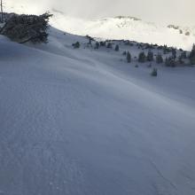 Transition from scoured, icy snow surface to leeward, east facing, wind loaded terrain, lower Old Ski Bowl