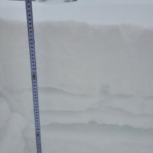 Eight inches of new snow atop an old snowpack of crusts and layers of faceted grains