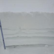 Eight inches of new snow atop an old snowpack of crusts and layers of faceted grains