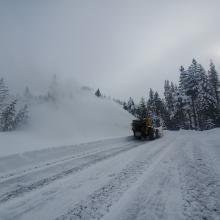Snow removal in progress. Clearing Castle Lake parking. Road expected to open tomorrow afternoon.