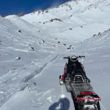 Old snowmobile tracks eroded by wind, Old Ski Bowl, ~9,500 feet