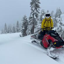 Snowmobile penetration into the 2.5 feet of heavy, dense snow only about six inches