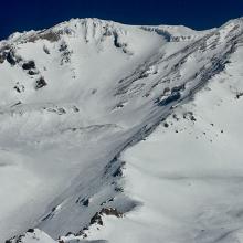 Mount Shasta, Avalanche Gulch and Green Butte Ridge. Photo taken from summit of Green Butte