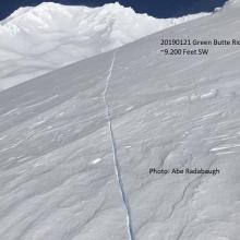 Green Butte ridge crack in cornice 20190121, 9,200 Feet SW