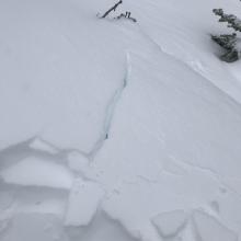 Shooting crack underfoot. Below treeline