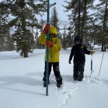 Aluminum tubes are driven into the snow. A core is pulled and weighed. Water content is derived..